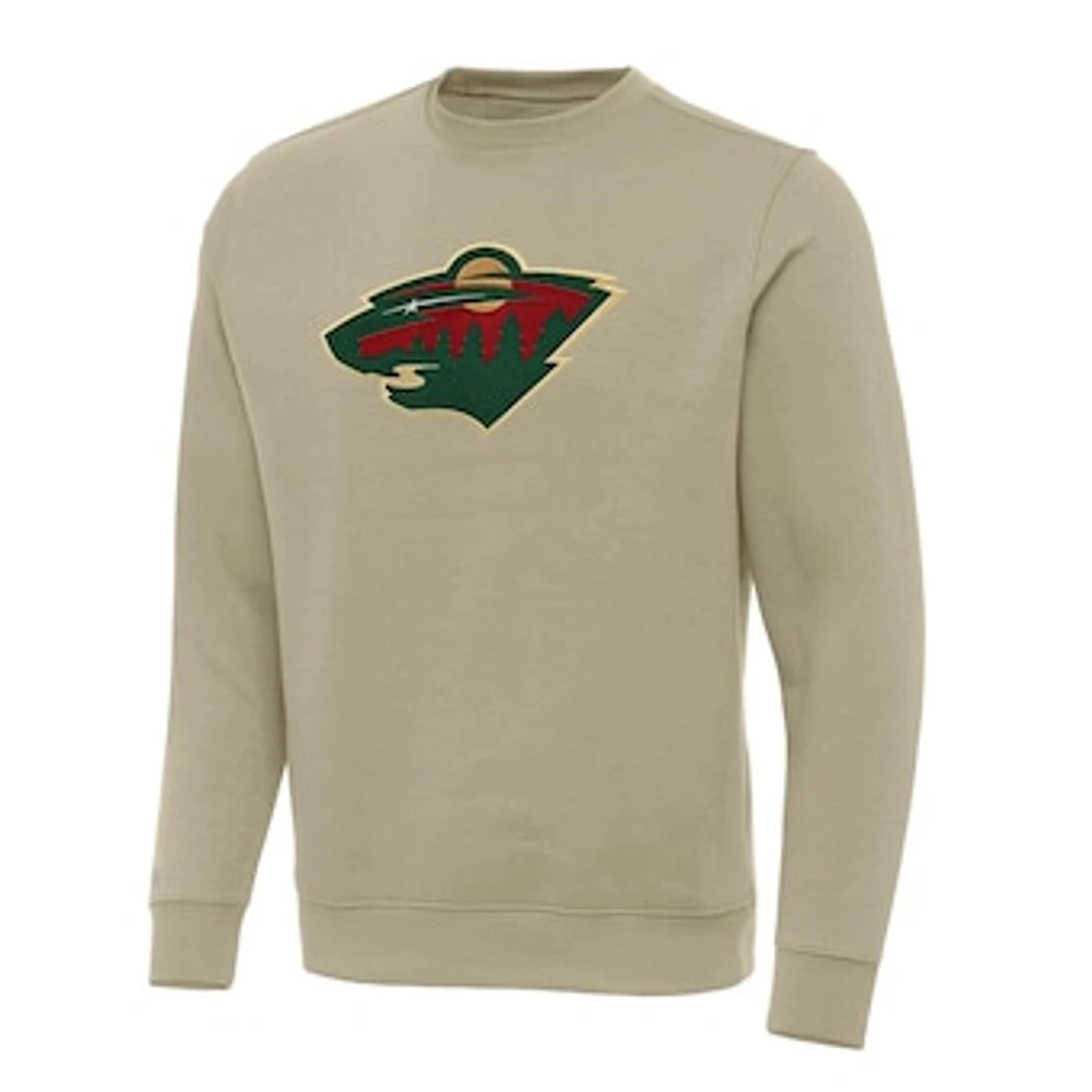 Men's Antigua Khaki Minnesota Wild Victory Crewneck Pullover Sweatshirt