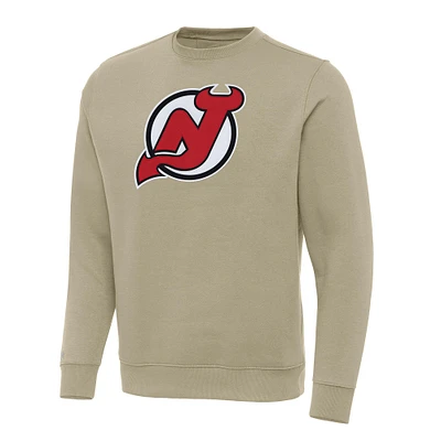 Men's Antigua Khaki New Jersey Devils Victory Crewneck Pullover Sweatshirt
