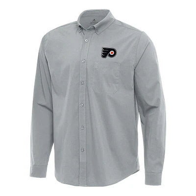 Men's Antigua Gray Philadelphia Flyers Flight Woven Tri-Blend Long Sleeve Button-Down Shirt