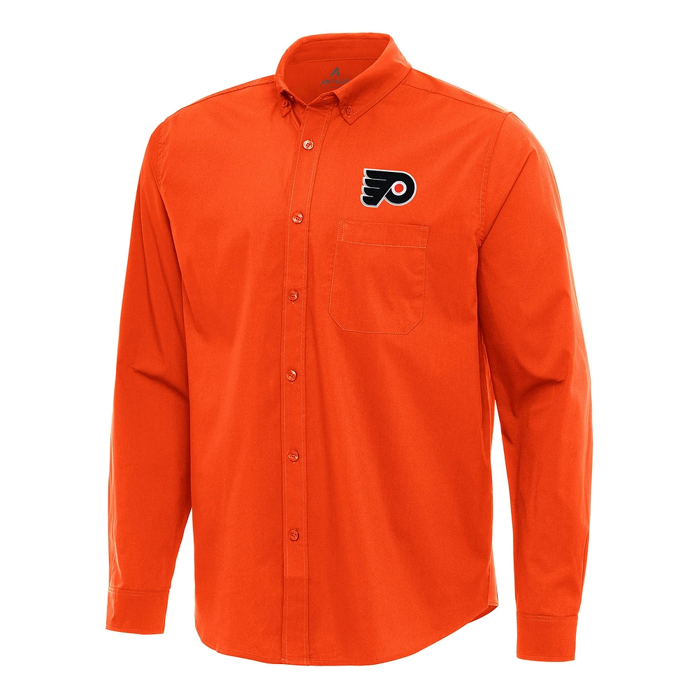 Men's Antigua Orange Philadelphia Flyers Flight Woven Tri-Blend Long Sleeve Button-Down Shirt