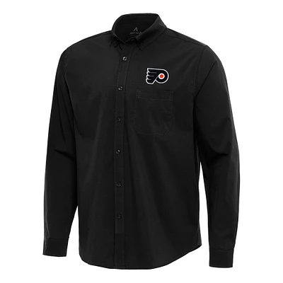 Men's Antigua Black Philadelphia Flyers Flight Woven Tri-Blend Long Sleeve Button-Down Shirt