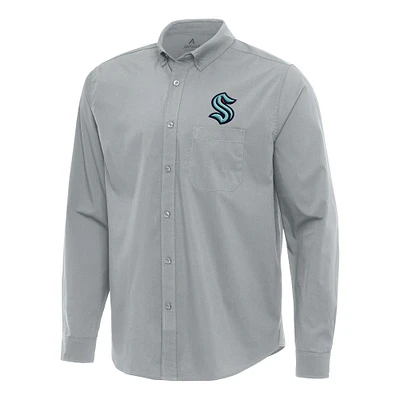 Men's Antigua Gray Seattle Kraken Flight Woven Tri-Blend Long Sleeve Button-Down Shirt