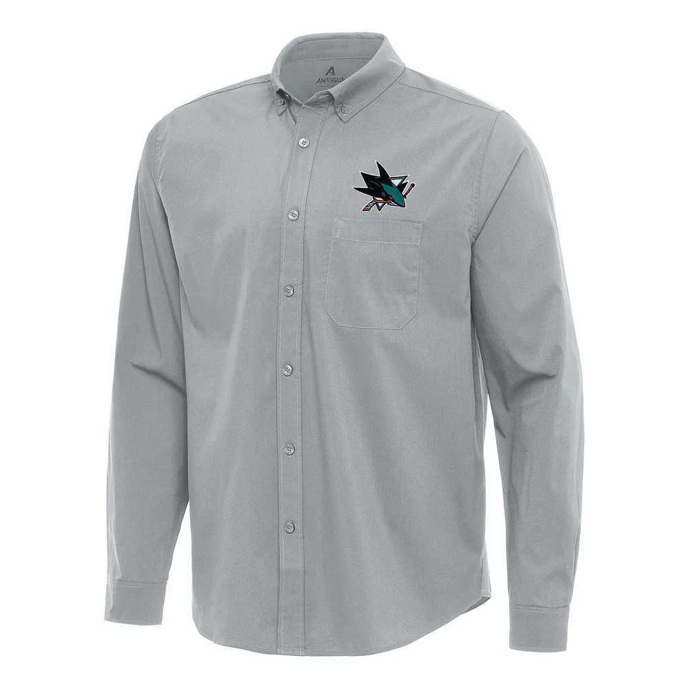 Men's Antigua Gray San Jose Sharks Flight Woven Tri-Blend Long Sleeve Button-Down Shirt
