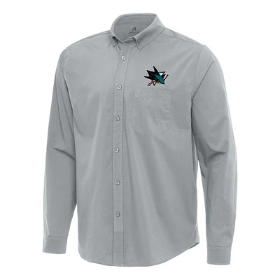 Men's Antigua Gray San Jose Sharks Flight Woven Tri-Blend Long Sleeve Button-Down Shirt