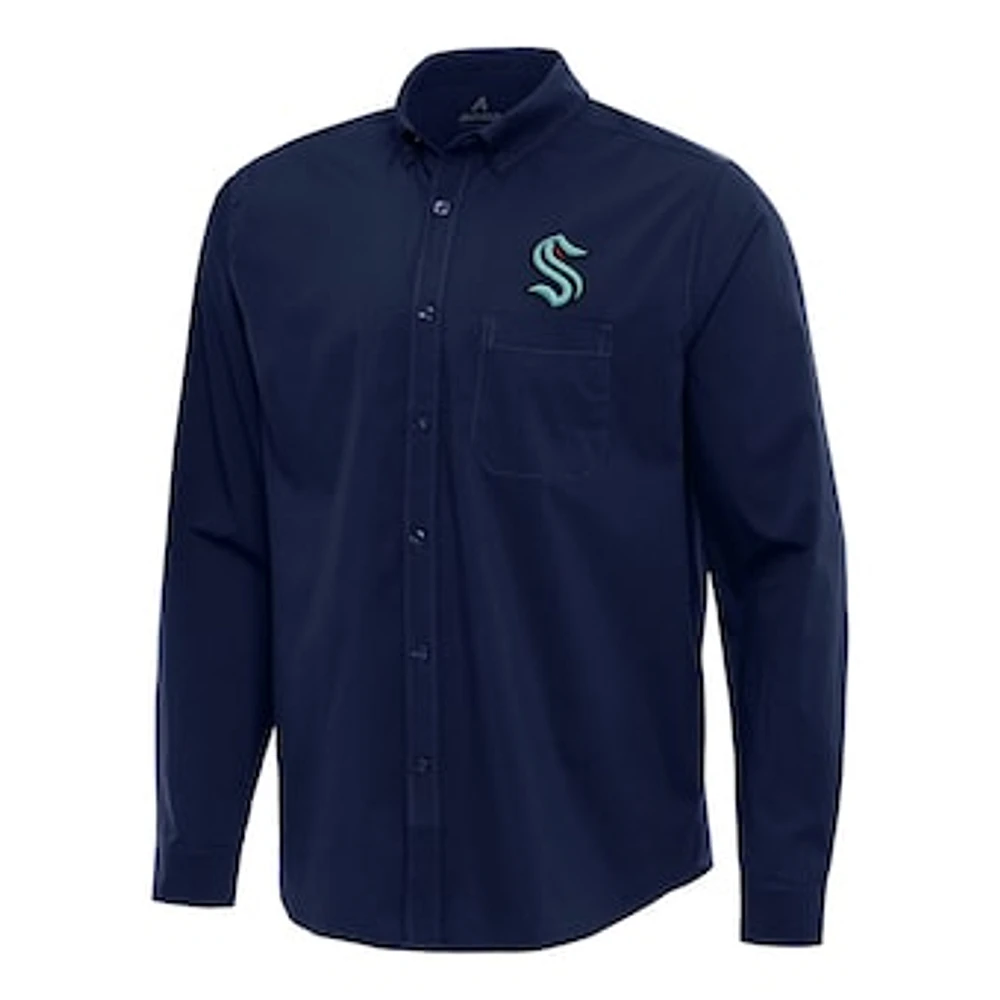 Men's Antigua Navy Seattle Kraken Flight Woven Tri-Blend Long Sleeve Button-Down Shirt
