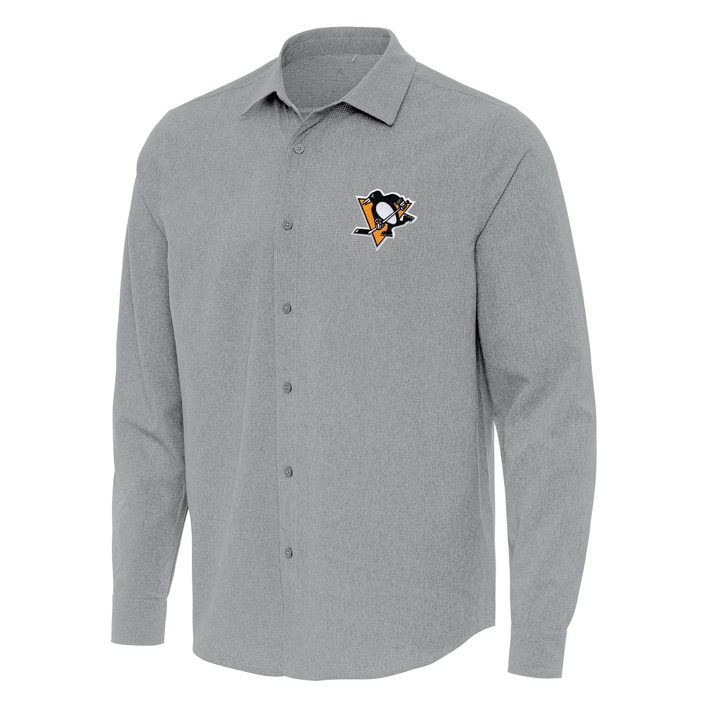 Men's Antigua Gray Pittsburgh Penguins Exposure Woven Long Sleeve Button-Up Shirt