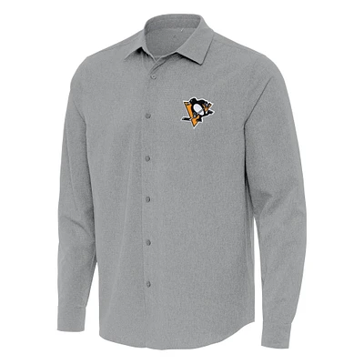 Men's Antigua Gray Pittsburgh Penguins Exposure Woven Long Sleeve Button-Up Shirt