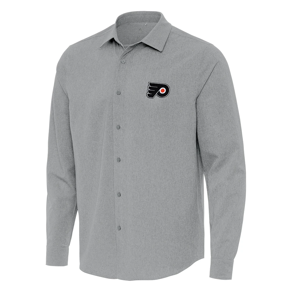 Men's Antigua Gray Philadelphia Flyers Exposure Woven Long Sleeve Button-Up Shirt