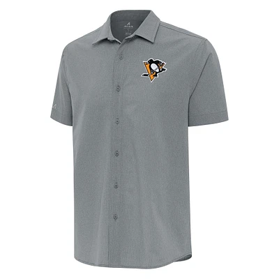 Men's Antigua Gray Pittsburgh Penguins Activate Woven Short Sleeve Button-Up Shirt
