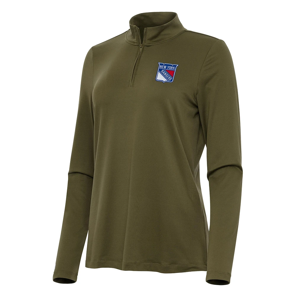 Women's Antigua Olive New York Rangers Reprocess Quarter-Zip Top