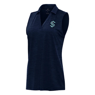 Women's Antigua Heather Navy Seattle Kraken Layout Sleeveless V-Neck Polo