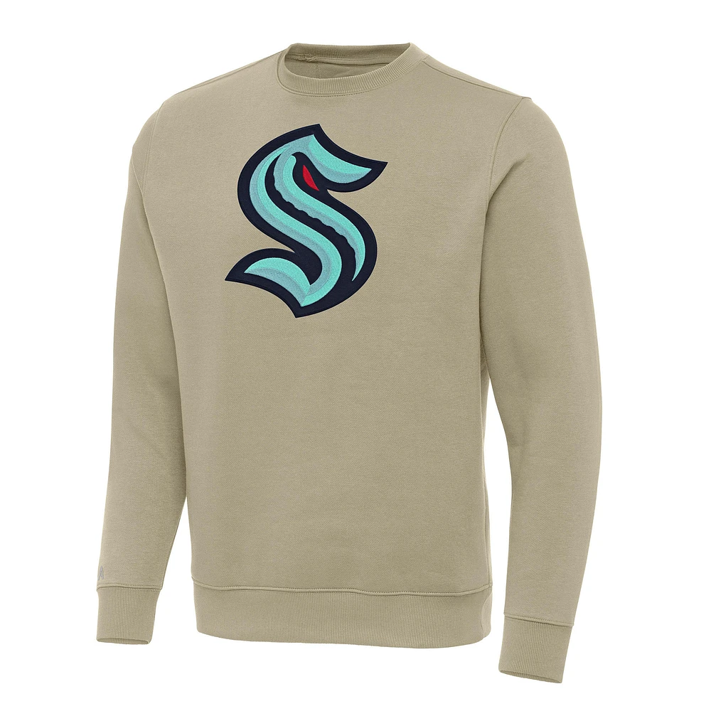 Men's Antigua Khaki Seattle Kraken Victory Crewneck Pullover Sweatshirt