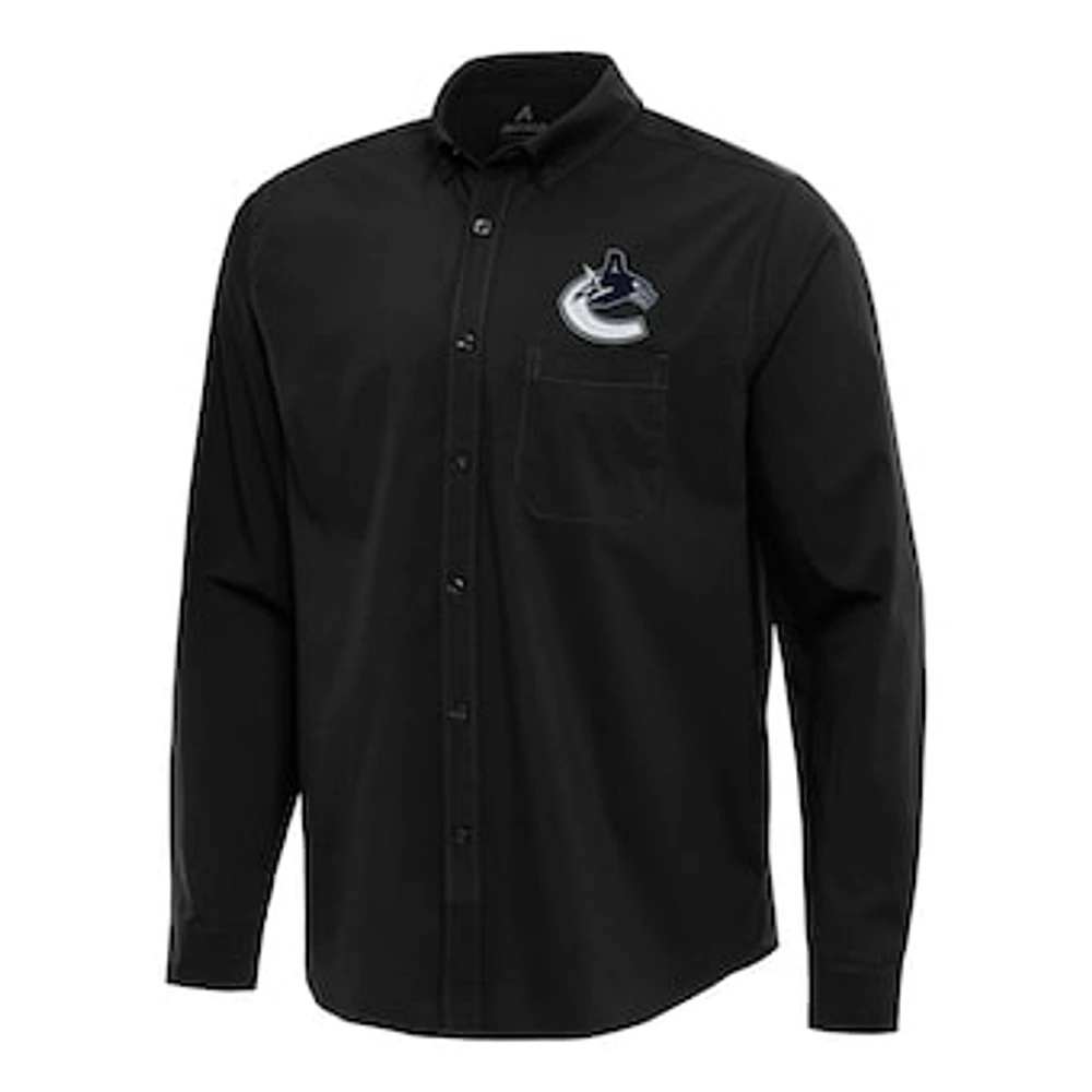 Men's Antigua Black Vancouver Canucks Flight Woven Tri-Blend Long Sleeve Button-Down Shirt