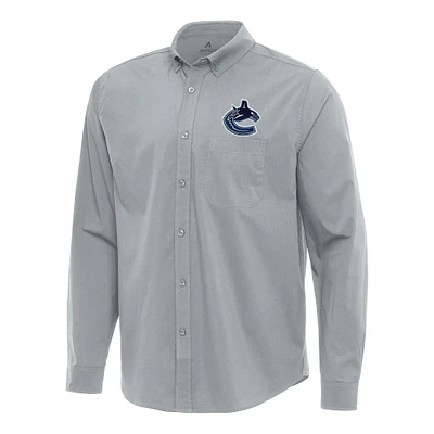 Men's Antigua Gray Vancouver Canucks Flight Woven Tri-Blend Long Sleeve Button-Down Shirt