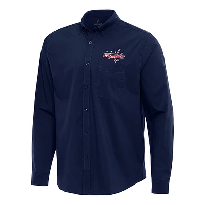 Men's Antigua Navy Washington Capitals Flight Woven Tri-Blend Long Sleeve Button-Down Shirt