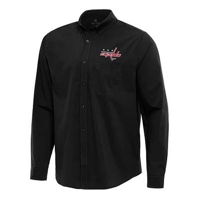 Men's Antigua Black Washington Capitals Flight Woven Tri-Blend Long Sleeve Button-Down Shirt