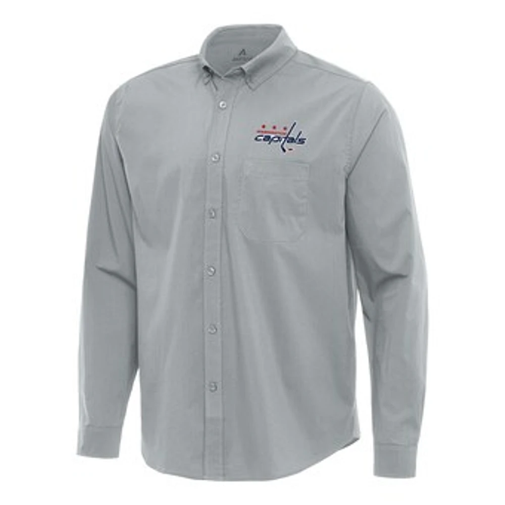 Men's Antigua Gray Washington Capitals Flight Woven Tri-Blend Long Sleeve Button-Down Shirt