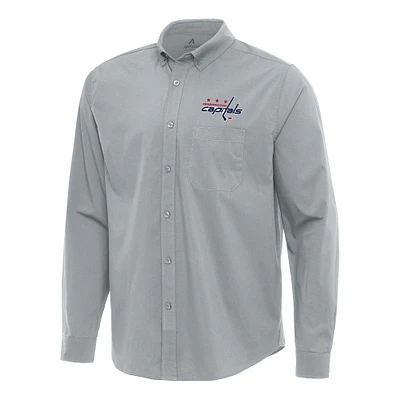 Men's Antigua Gray Washington Capitals Flight Woven Tri-Blend Long Sleeve Button-Down Shirt
