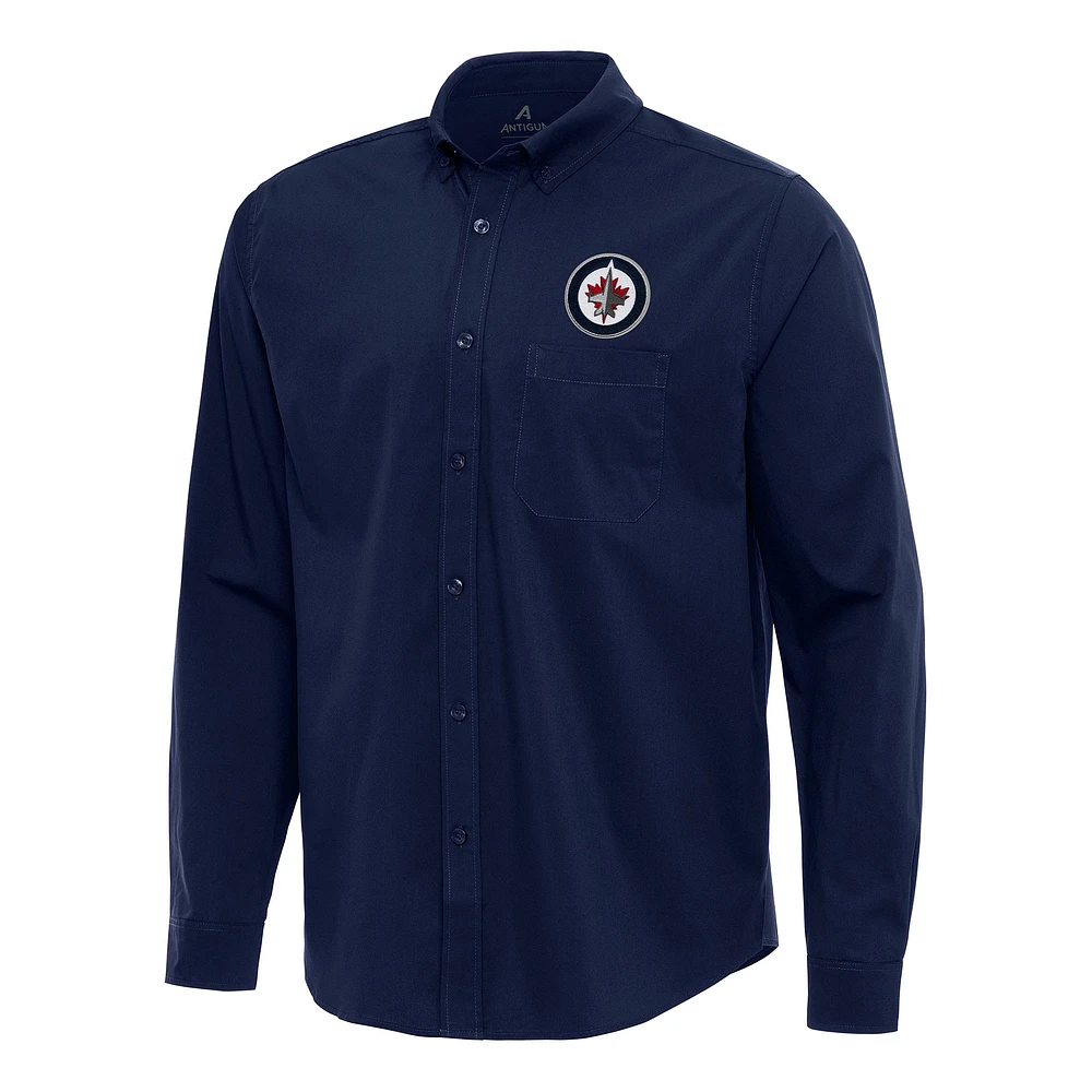 Men's Antigua Navy Winnipeg Jets Flight Woven Tri-Blend Long Sleeve Button-Down Shirt
