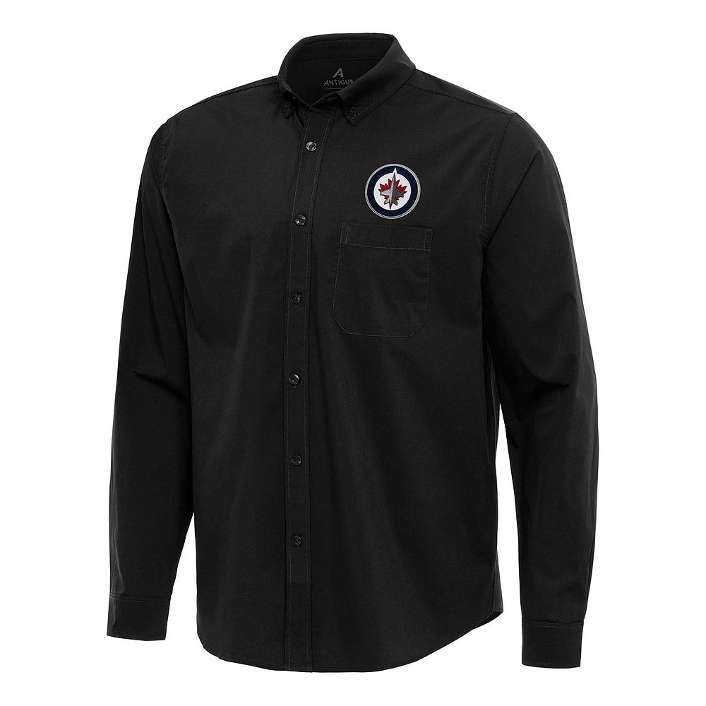 Men's Antigua Black Winnipeg Jets Flight Woven Tri-Blend Long Sleeve Button-Down Shirt