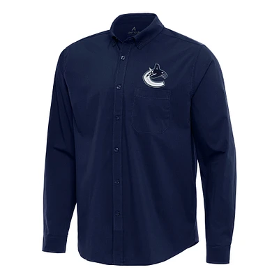 Men's Antigua Navy Vancouver Canucks Flight Woven Tri-Blend Long Sleeve Button-Down Shirt
