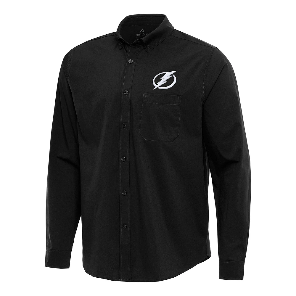Men's Antigua Black Tampa Bay Lightning Flight Woven Tri-Blend Long Sleeve Button-Down Shirt