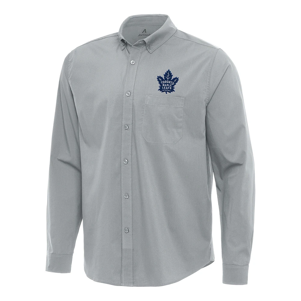 Men's Antigua Gray Toronto Maple Leafs Flight Woven Tri-Blend Long Sleeve Button-Down Shirt