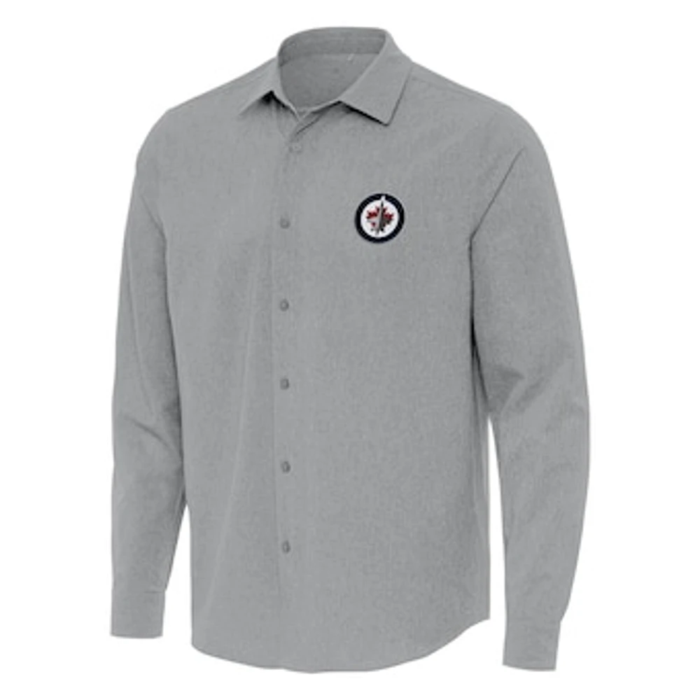 Men's Antigua Gray Winnipeg Jets Exposure Woven Long Sleeve Button-Up Shirt