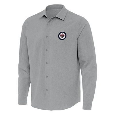 Men's Antigua Gray Winnipeg Jets Exposure Woven Long Sleeve Button-Up Shirt