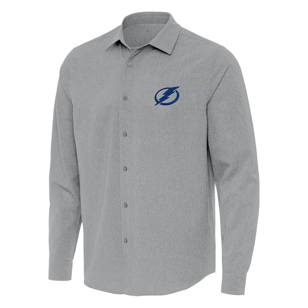 Men's Antigua Gray Tampa Bay Lightning Exposure Woven Long Sleeve Button-Up Shirt