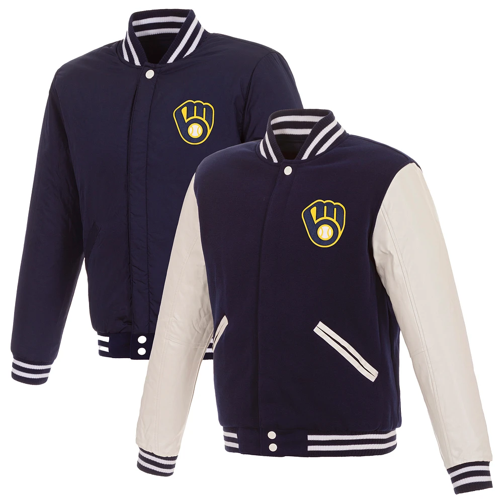 Men's JH Design Navy Milwaukee Brewers Reversible Full-Snap Varsity Jacket