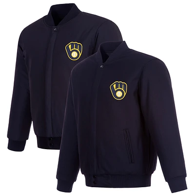 Men's JH Design Navy Milwaukee Brewers Wool Reversible Full-Snap Jacket
