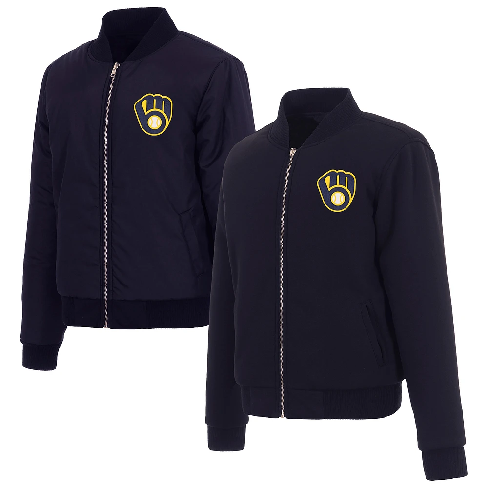 Women's JH Design Navy Milwaukee Brewers Reversible Fleece Full-Zip Jacket