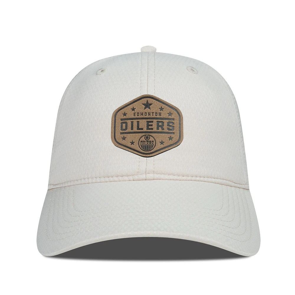 Men's Levelwear Cream Edmonton Oilers Faux Leather Patch Unstructured Adjustable Hat