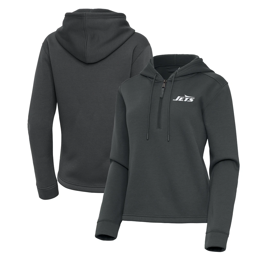 Women's Antigua Pewter New York Jets Contemporary Quarter-Zip Hoodie