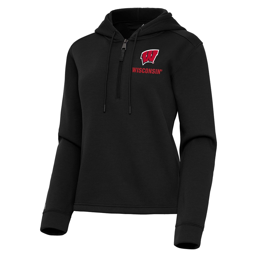 Women's Antigua Black Wisconsin Badgers Contemporary Quarter-Zip Hoodie