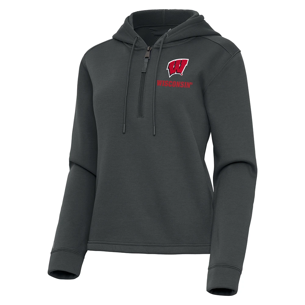 Women's Antigua Pewter Wisconsin Badgers Contemporary Quarter-Zip Hoodie