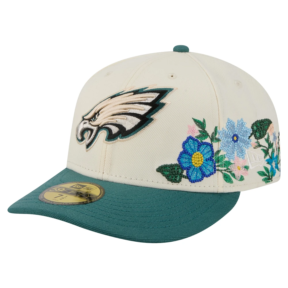 Men's New Era Cream/Midnight Green Philadelphia Eagles Tonal Floral 59FIFTY Fitted Hat