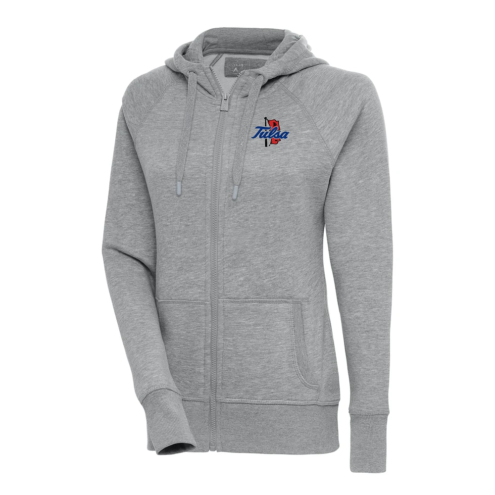 Women's Antigua Heather Gray Tulsa Golden Hurricane Victory Full-Zip Hoodie