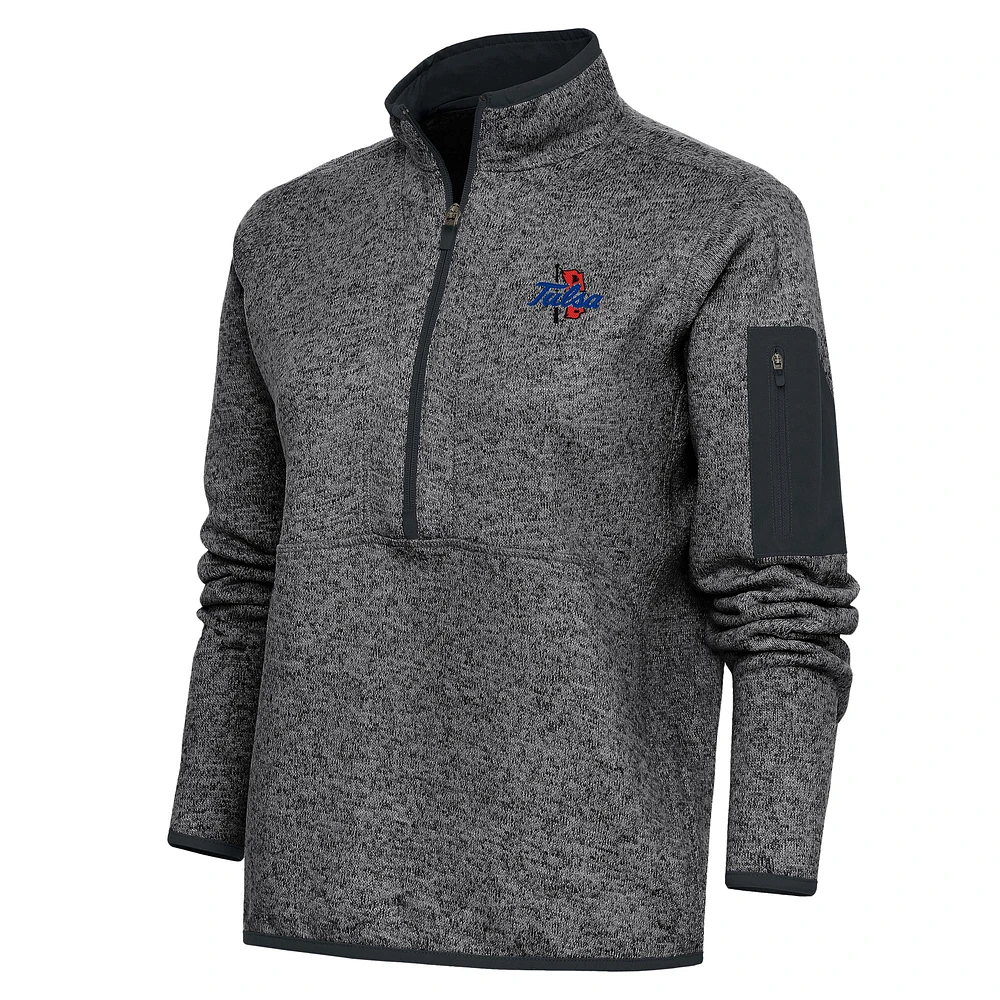 Women's Antigua Heather Gray Tulsa Golden Hurricane Fortune Half-Zip Sweatshirt