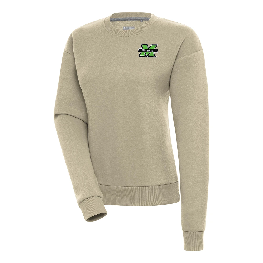 Women's Antigua Khaki Marshall Thundering Herd Victory Crewneck Pullover Sweatshirt