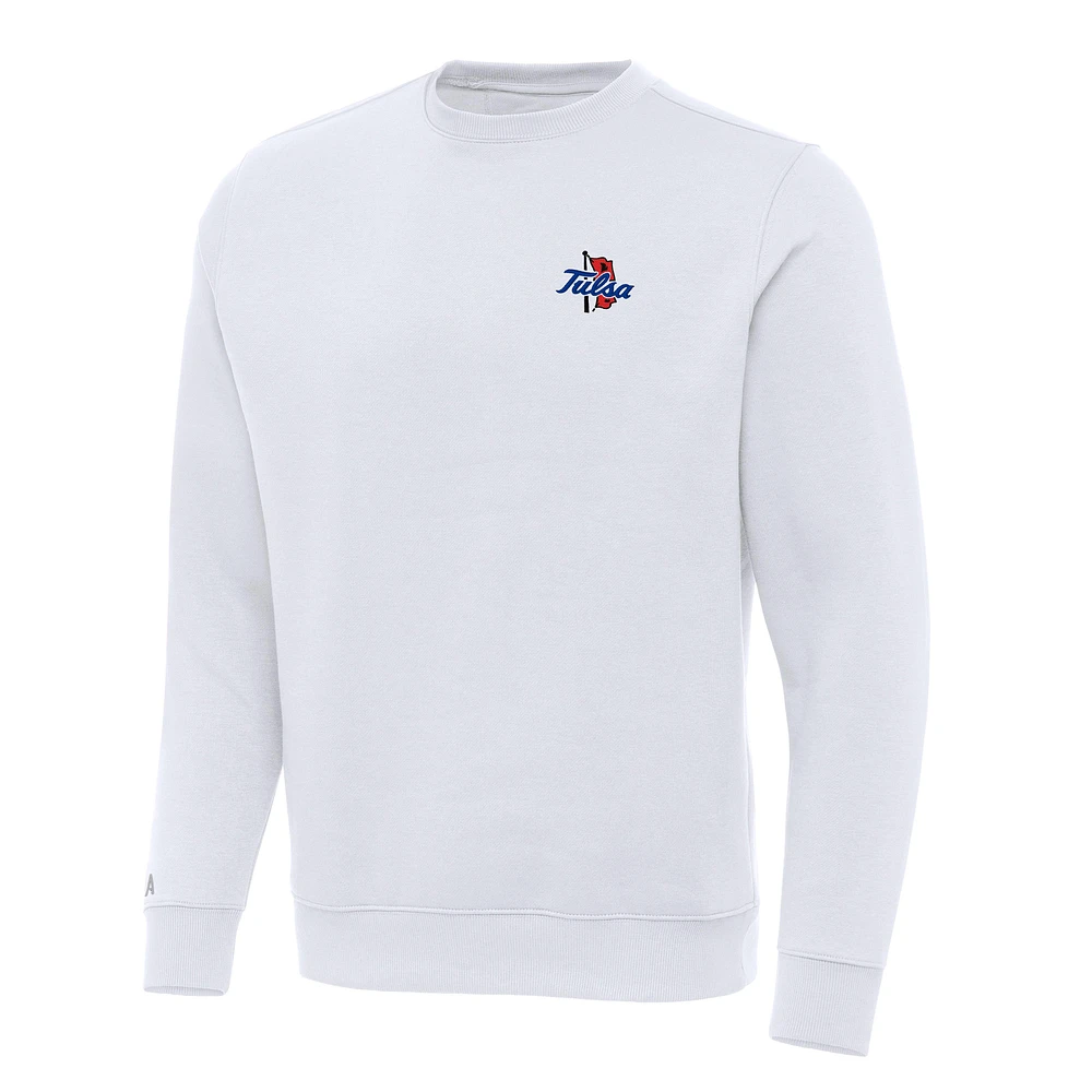 Men's Antigua White Tulsa Golden Hurricane Victory Crewneck Pullover Sweatshirt