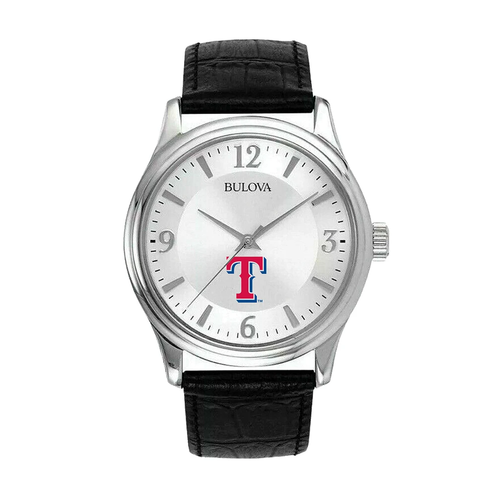 Men's Bulova Silver Texas Rangers Leather Strap Watch