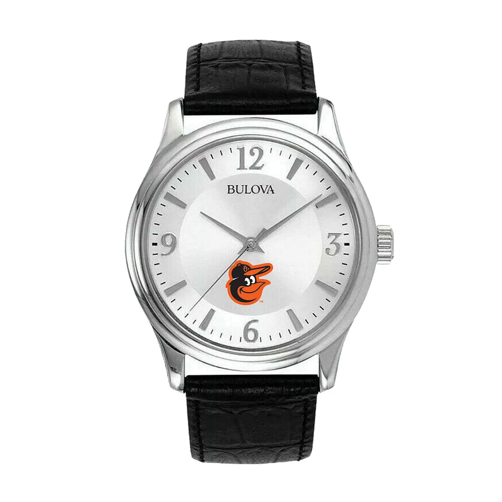 Men's Bulova Silver Baltimore Orioles Leather Strap Watch