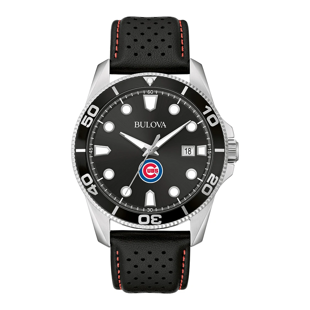 Men's Bulova Black Chicago Cubs Sport Leather Strap Watch