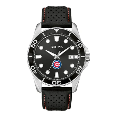 Men's Bulova Black Chicago Cubs Sport Leather Strap Watch