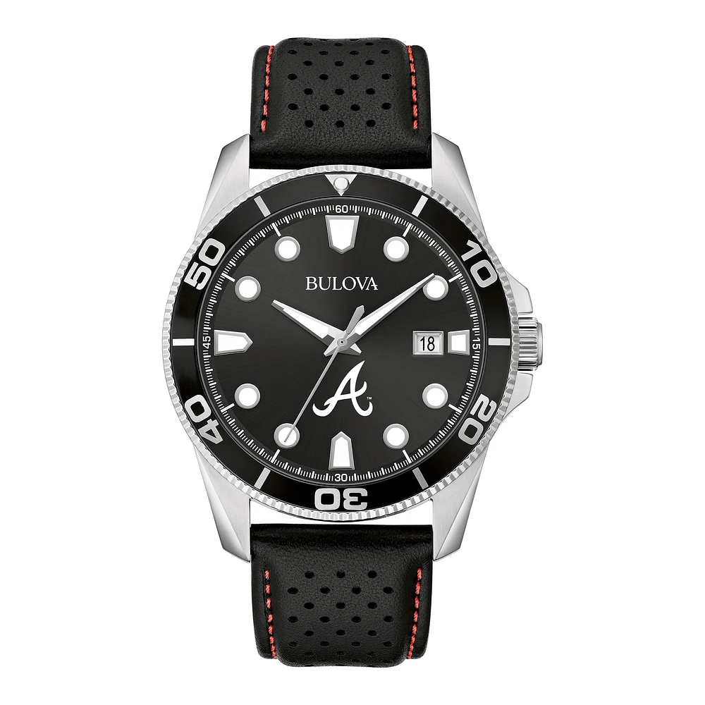 Men's Bulova Black Atlanta Braves Sport Leather Strap Watch