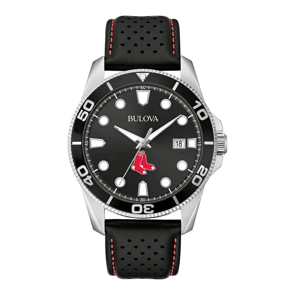 Men's Bulova Black Boston Red Sox Sport Leather Strap Watch