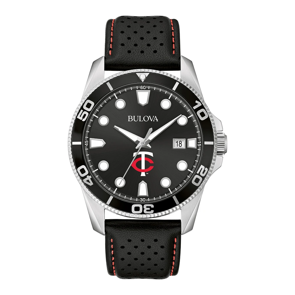 Men's Bulova Black Minnesota Twins Sport Leather Strap Watch
