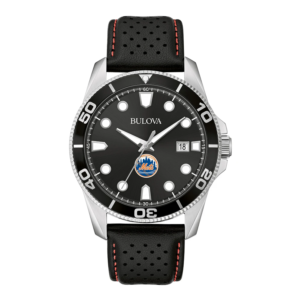 Men's Bulova Black New York Mets Sport Leather Strap Watch